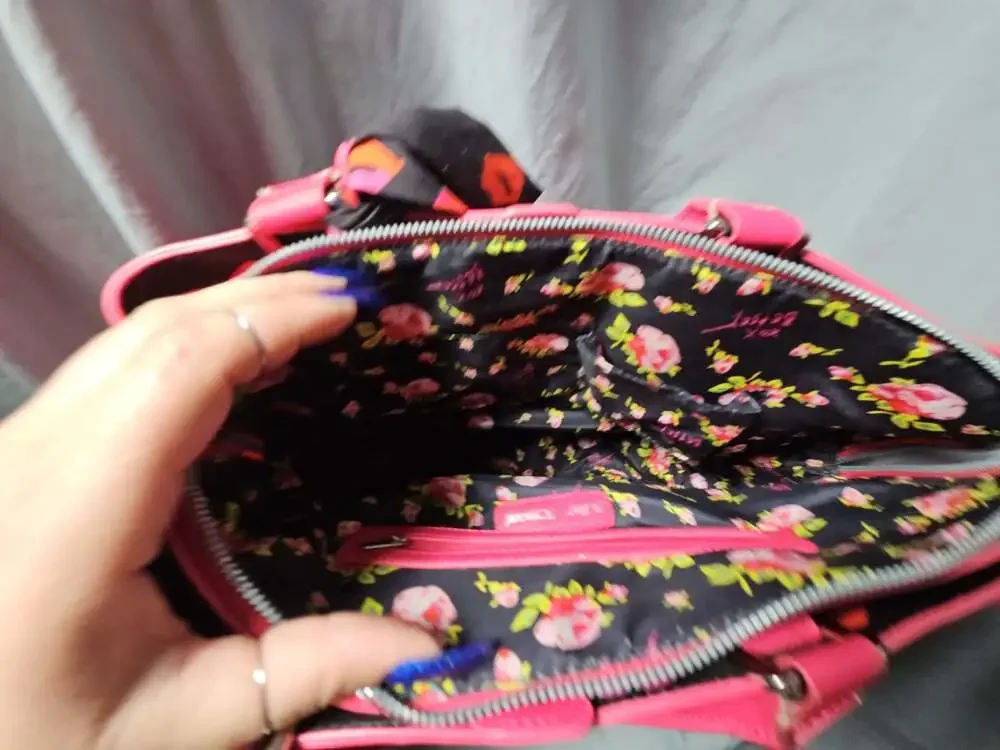Betsey Johnson Hot Pink Satchel with Embossed Hearts and Lips Print Scarf